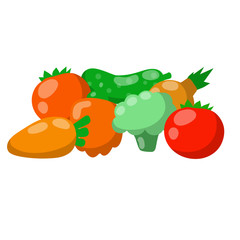Set of vegetables. Harvest. Red, orange and green object. Cartoon flat illustration. Fresh natural village products. Tomato and pepper, onion with cucumber, broccoli, carrot