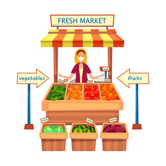 Fresh Market, Local Market, Healthy Food Concept. Female Chracter In Medical Protective Mask Selling Fresh Fruits And Vegetables On A Stall With Awning. Colorful Vector Illustration In Flat Style