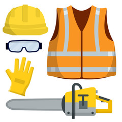 Set of clothes Builder and worker. Yellow vest, helmet, glasses, gloves. Cartoon flat illustration. Chainsaw of lumberjack. Repair and maintenance. Safety and tools for cutting trees