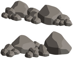 Set of gray granite stones of different shapes. Element of nature, mountains, rocks, caves. Minerals, boulder and cobble. Cartoon flat illustration