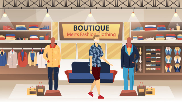 Men s Fashion Clothing Boutique Concept. Young Male Character With Protecting Mask On The Face Looking For Some New Stylish Clothes In Fashion Clothing Boutique. Vector Illustration In Flat Style