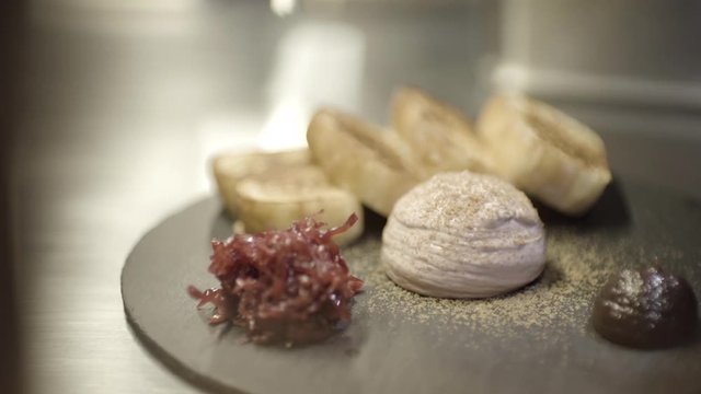 Chef Preparing Dessert in a Michelin Star Restaurant Close up