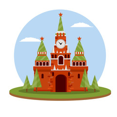 Moscow kremlin. Tourist destination for tour to capital. Fortress with tower and wall. Tourist attraction. Cartoon flat illustration. Summer season. Residence of Russian. President on red square