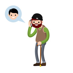 Grandfather call grandson on phone. Talk old Senior man and boy. Cartoon flat illustration. Communication generations. Family and friendship. Cane and glasses. Lifestyle and pastime of elder pensioner