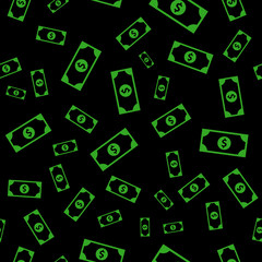 Dollar currency green banknote icon in flat style. Dollar cash discount illustration on black background. Banknote bill seamless pattern