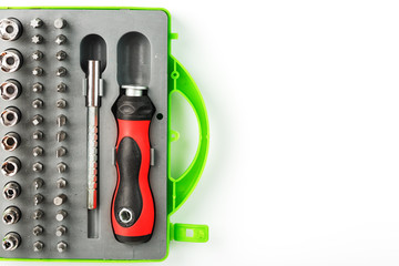 A set of tools with various attachments, chisels and screwdrivers, for repairing machinery and equipment.