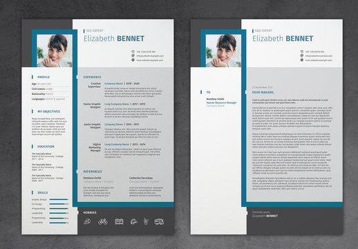 Simple Resume and Cover Letter with Blue and Grey Accents