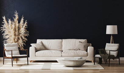 Dark blue room interior, living room interior mockup, empty dark blue wall, 3d rendering © Oleksandr