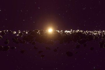 Many asteroids or meteorites in the space horizon with Sun in the center. 3d render