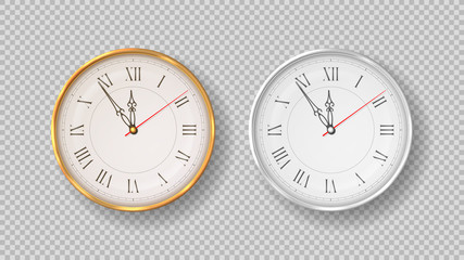Realistic wall clocks isolated on checkered background. Vector illustration with realistic golden and silver wall clocks.