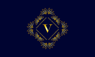 Graceful monogram with the letter V Golden creative logo on a dark blue background. Floral vector illustration of business, cafe, office, restaurant, heraldry.