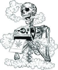 skeleton Smoking marijuana and camera print vector illustration