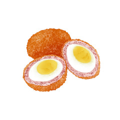 Watercolor Illustration of a Snack Food Scotch Egg. British cuisine in which poached eggs are mixed with ground meat such as pork or beef and then spread with bread flour to form a ball shape and deep