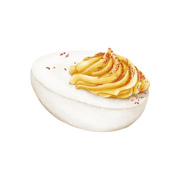 Watercolor Illustration of deviled Egg, made with mayonnaise, yellow mustard, pepper, salt and chili powder, often eaten on Halloween
