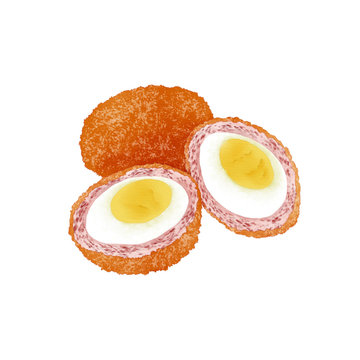 Watercolor Illustration of a Snack Food Scotch Egg. British cuisine in which poached eggs are mixed with ground meat such as pork or beef and then spread with bread flour to form a ball shape and deep