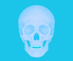 pixelated or blocky skull on blue bakground, 3d render