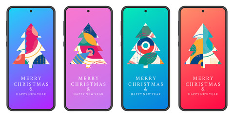 Merry Christmas and Happy New year banner set with abstract Xmas tree with geometric texture on the smartphone or mobile phone screen. Social media post, stories, greeting card design. Vector.