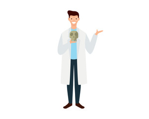 Anthropologist with Lab Coat Holding Skull Illustration