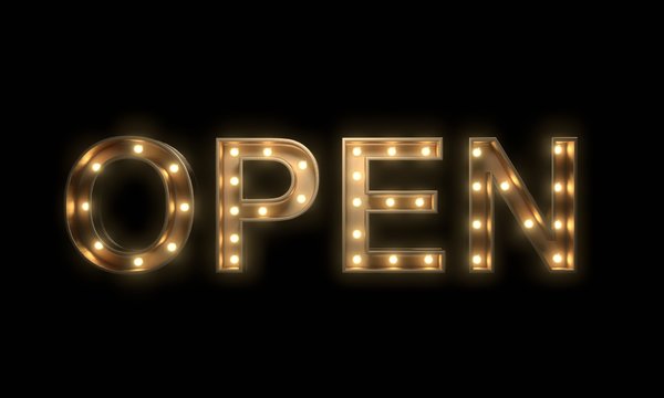 Vintage style OPEN text sign. Retro banner template with light bulb glowing. 3D rendering image
