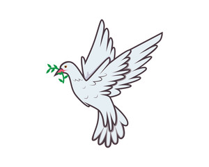 Flying Dove Carrying Green Twig Olive as Peace Symbolization