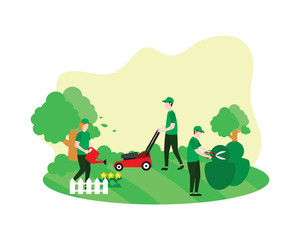 Gardeners Working Together Watering Flowers Cutting Leaves and Mowing the Lawn Illustration