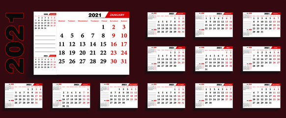 Calendar 2021, English pocket calendar. Basic grid Calendar template for 2021 year. Planner diary in a minimalist style. Corporate and business calendar.