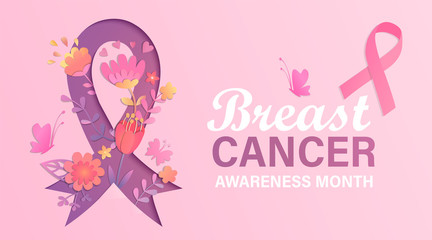 Breast cancer awareness month banner with flowers in papercut style. Poster for world preventive health care iniative.Paper cut ribbon with flower inside.Template for design, flyer, advertise.Vector.