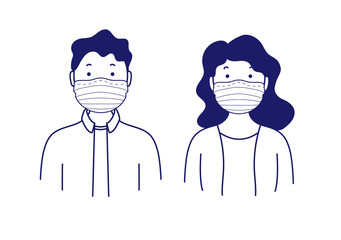 Obraz na płótnie Canvas Portraits of man and woman in medical masks. Simple avatars. Vector illustration