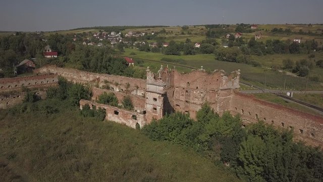 Stare Selo, UKraine - 9 8 2020: An ancient renaissance castle was destroyed. Aerial photography from a drone or quadcopter. Renovation of an architectural monument. Life of the nobility in the Old Vil