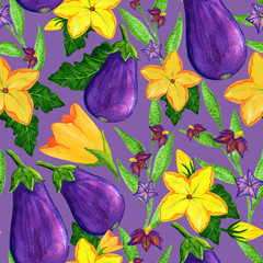 Watercolor eggplant seamless pattern. Aubergine vegetable with flowers and leaves illustration for wallpaper, wrapping, background, fabric and textile, covering, poster. Autumn harvesting painting