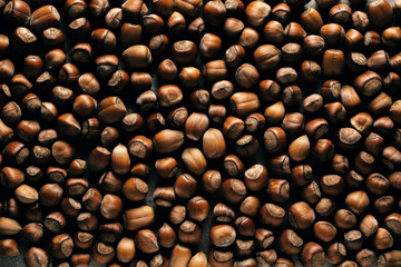 Top view of hazelnuts. Hazelnuts background