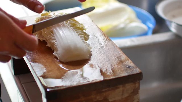 POV to the Nappa cabbage while being cut preparing for korean food cooking