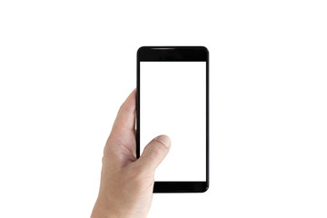 Hand of a white man holding a black smartphone and a white screen at a isolate background with clipping path.