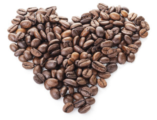 Coffee beans big heart isolated on white background