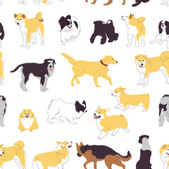 Repeat seamless pattern with flat style different cute dogs on white background. Stock vector