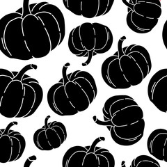 Black silhouette pumpkin, seamless pattern, autumn season harvest. Vector illustration in flat cartoon style on white background. 