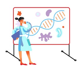 Scientist doing research in lab illustration. Woman working in medical laboratory. Innovation teamwork vector. Chemist writing on blackboard and explaining chemical experiment