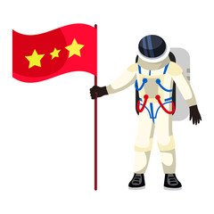 Astronaut with red flag standing in space. Cosmonaut in spacesuit and helmet explores outer space. Cartoon spaceman on mission, first landing. Human cosmic exploration vector illustration