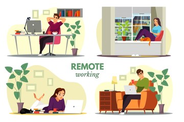 Remote workers working at home office scenes set