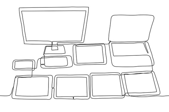 gadgets laid out on the table: a computer, laptop, telephone, console, telephone and several tablets. One continuous line drawing the concept of online streaming, family gadgets