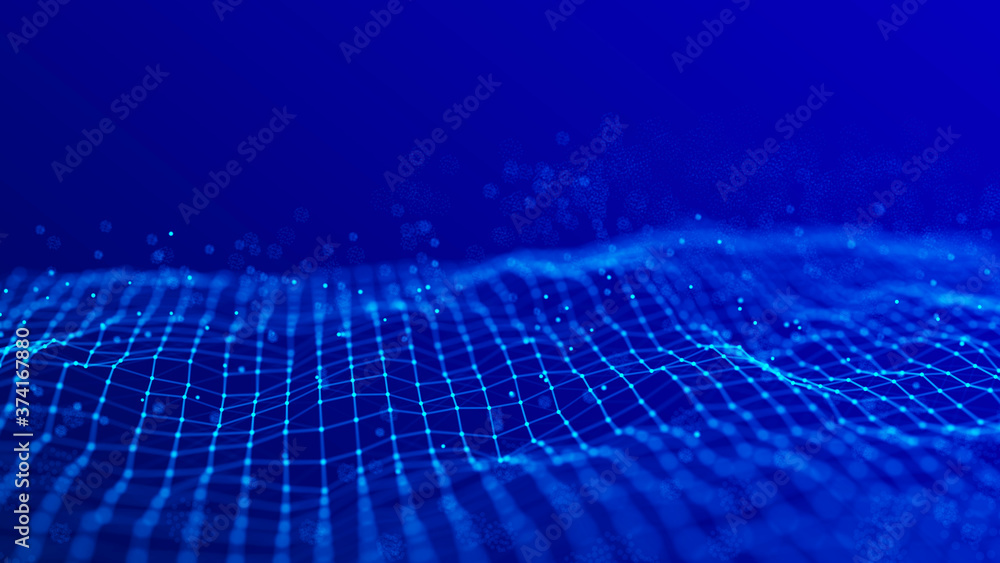 Poster wave 3d. wave of particles. abstract blue geometric background. big data visualization. data technol