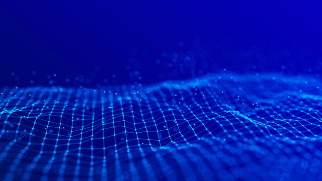 Wave 3d. Wave of particles. Abstract Blue Geometric Background. Big data visualization. Data technology abstract futuristic illustration. 3d rendering.