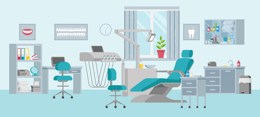 Concept of a dental unit with an adjustable chair, lamp, shelf, sink and window. Medical office in a flat style. Modern interior and equipment in the clinic. Posters on the walls. Vector illustration.