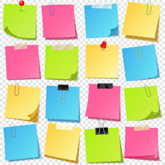 Realistic colorful blank sticky notes with clip binder. Colored sheets of note papers. Paper reminder. Vector illustration.