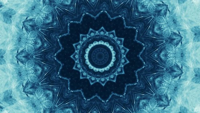 Kaleidoscope background. Frozen crystals. Blue ink splash flow in water animation. Glowing snowflake ethnic ornament flicker hypnotic motion. Dynamic symmetrical abstract design.