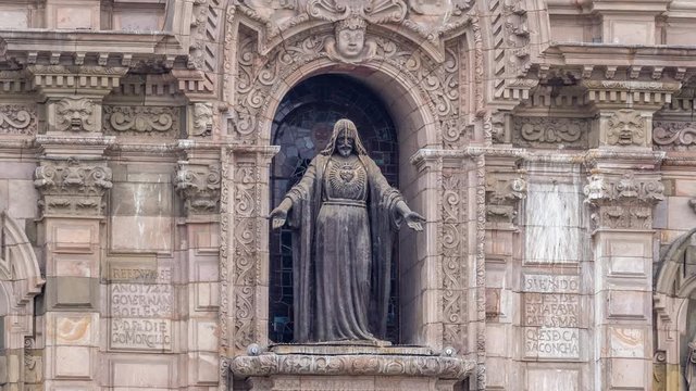 Staue on The Basilica Cathedral of Lima is a Roman Catholic cathedral located in the Plaza Mayor timelapse hyperlapse in Lima, Peru. Close up view to decoration elements