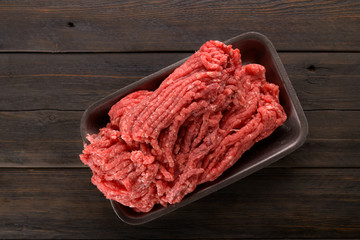 minced beef in a tray on a wooden background