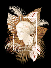 Tropical Venus marble head floral palm leaves, flower frame print. Goddess sculpture vector illustration. © good_mood