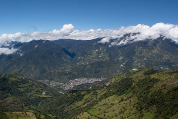 Fototapeta na wymiar The Tungurahua volcano is an active stratovolcano located in the Andean zone of Ecuador. The volcano rises in the Eastern Cordillera of Ecuador, border of the provinces of Chimborazo and Tungurahua, a