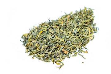 Green tea in bulk in a leaf vile, isolated on white background.